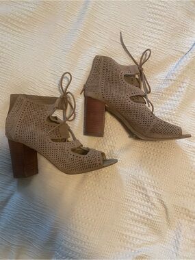 Crown Vintage Taupe Perforated Lace-Up Block Heel Sandals